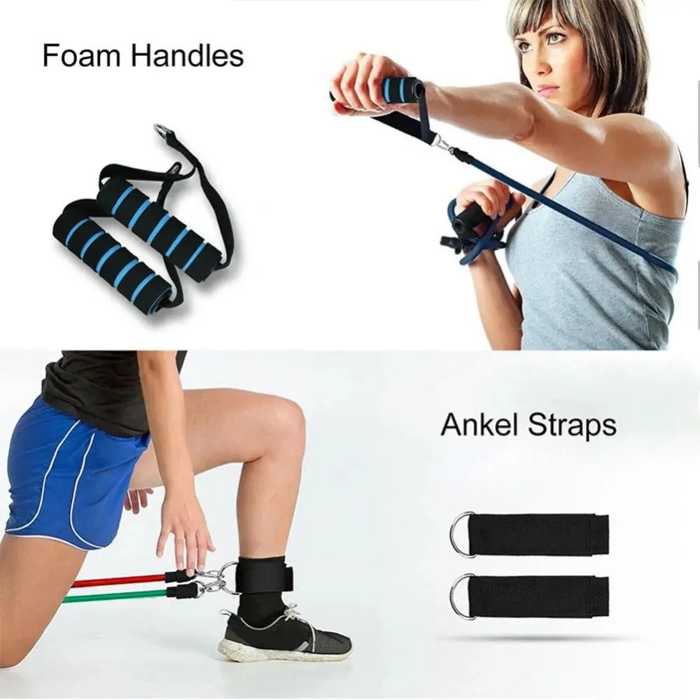 11pcs Fitness Resistance Bands Set Workout Exercise Tube Bands with Door Anchor Ankle Straps Cushioned Handles Carry Bags