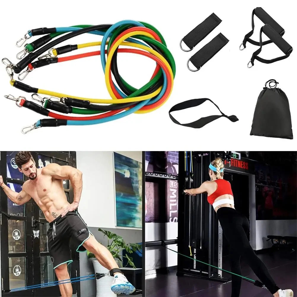 11pcs Fitness Resistance Bands Set Workout Exercise Tube Bands with Door Anchor Ankle Straps Cushioned Handles Carry Bags